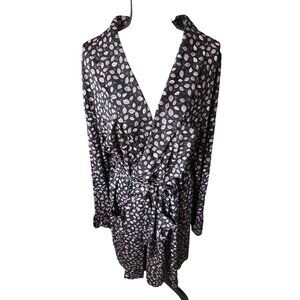 Māori Robe Vintage Black Purple Leaves Cotton Lined Wrap Tie Size XL